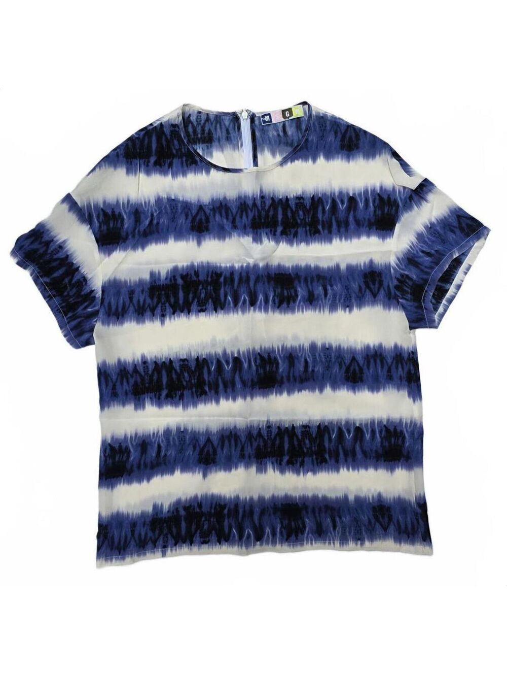 MSGM Blue & White Horizontal Tie-Dye Silk Short Sleeve Top Small